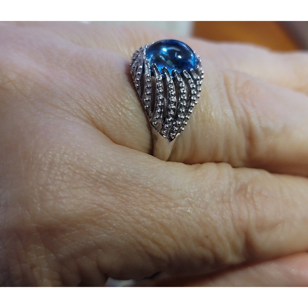 White Gold Rhodium over 925 Sterling Silver Blue Topaz Oval Cut Women's ring 9 - Picture 2 of 8